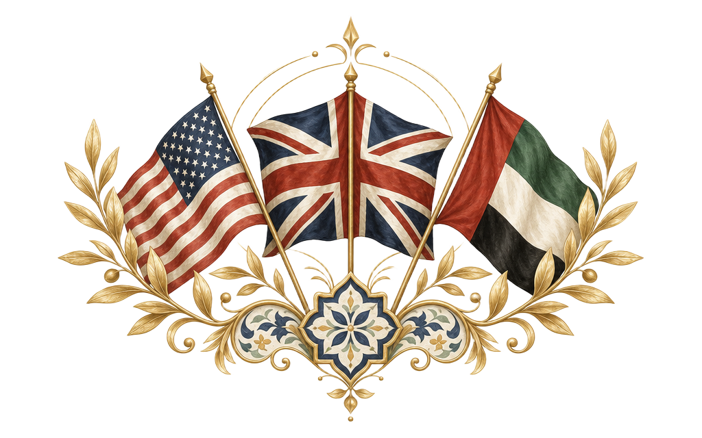 Crest with the flags of the United States, United Kingdom, and United Arab Emirates