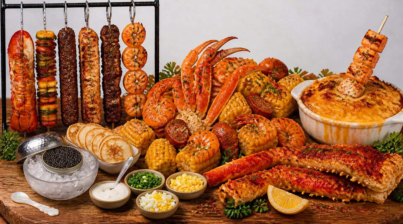 The full Habibi Boil™ board: the boil at the center, bubbling mac & cheese with a salmon kebab, a rack of six kebabs including lobster tail, curry shrimp with boiled eggs, tandoori king crab, and the caviar corner on the bottom left.